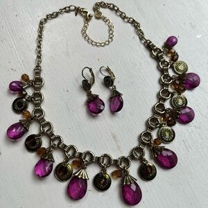 Vintage purple dangle drop cleopatra style necklace pierced earrings set